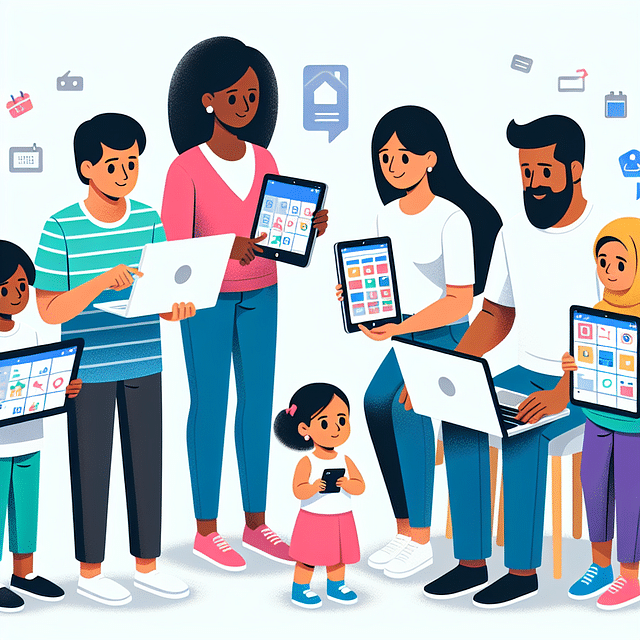 A family discussing and choosing a calendar app on various devices