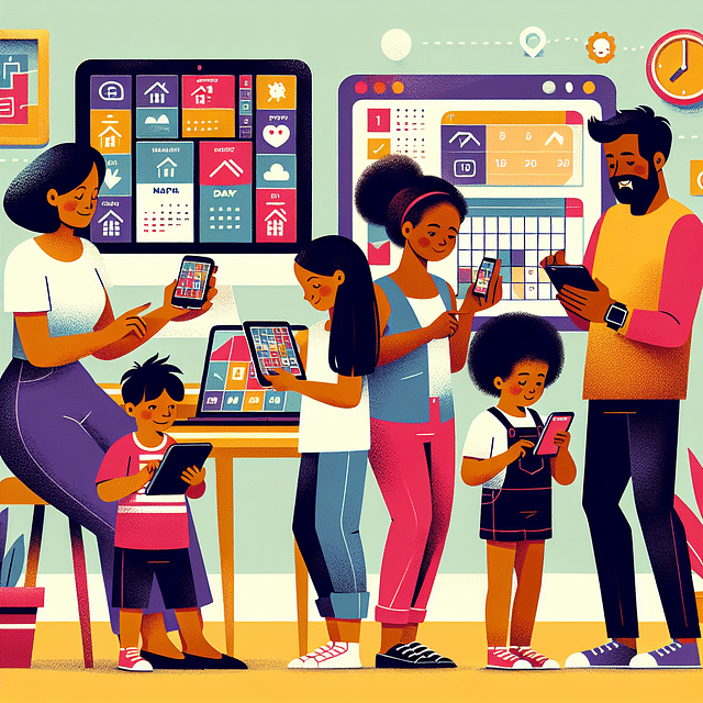family choosing calendar app on various devices